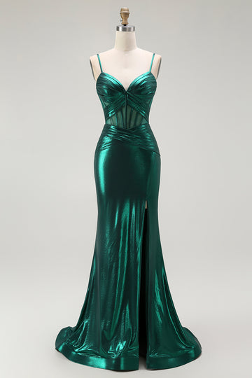Dark Green Mermaid Spaghetti Straps Corset Prom Dress